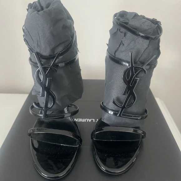 Saint Laurent Black Patent Cassandra Strappy High Heel Sandals 39 - Picture 2 of 8